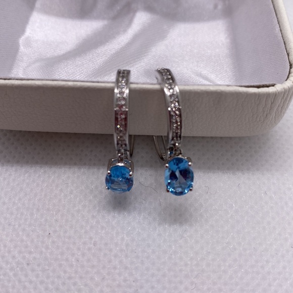 Sterling Silver Genuine Blue Topaz & CR White Sapphire hoop earrings - Picture 3 of 4